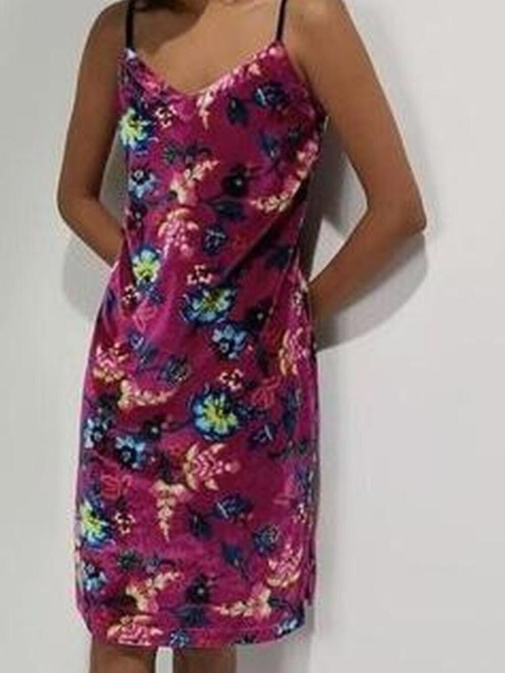 by Anthropologie Shania Velvet Floral Print Slip Cami Dress Berry Pink
